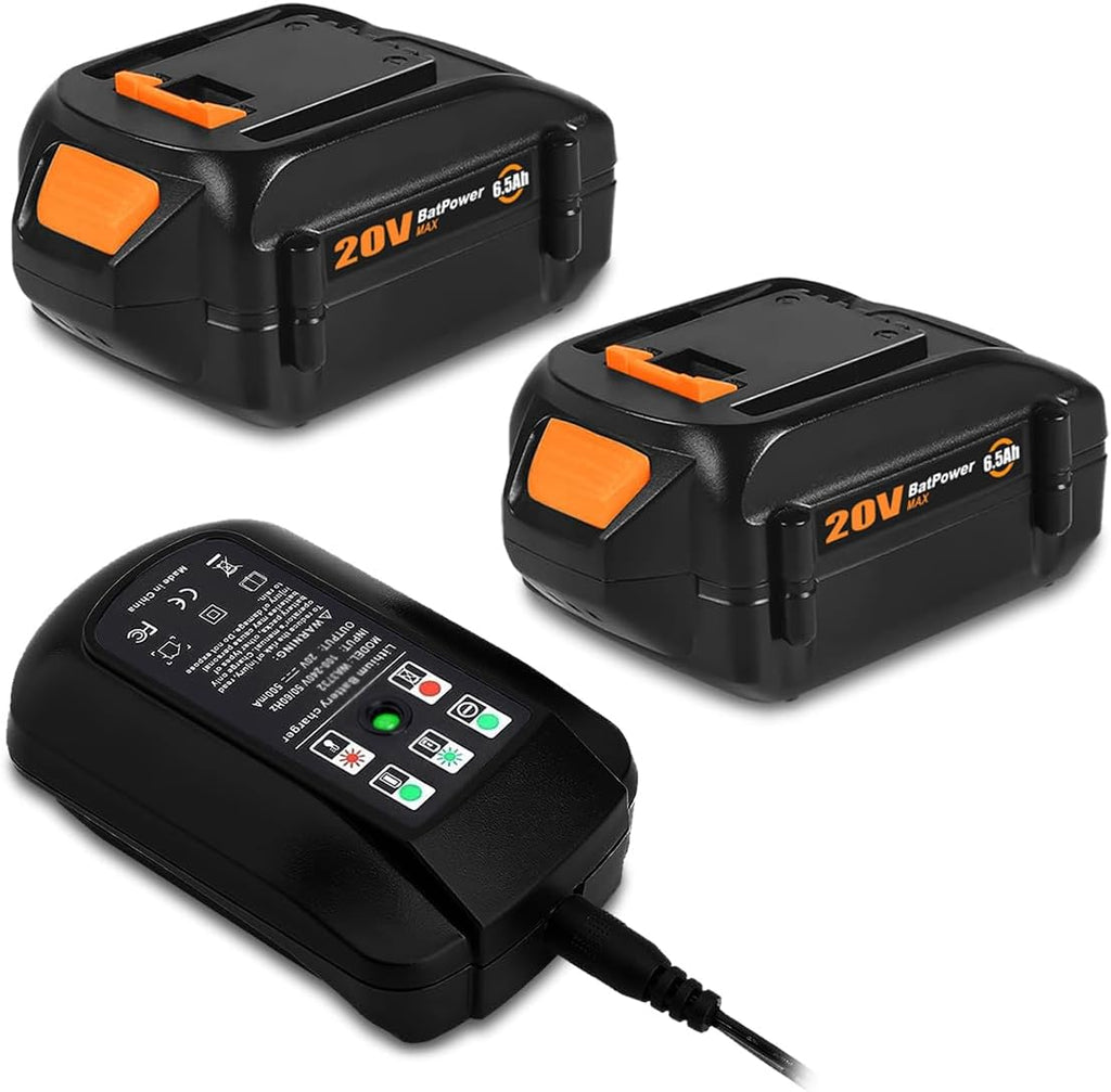 20V 6.5Ah WA3578 Extended Capacity Battery with Charger Kit Replacement for WORX 20V Battery and Charger Combo 20V 5.0Ah 4.0 Ah 3.0 Ah 2.0Ah Battery