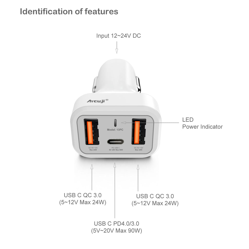 AT13PC Laptop USB C Car Charger with 130W 90W Power Delivery for Apple MacBook Pro Air USB C Car Charger Microsoft Surface Pro HP Dell Razer Lenovo Asus Laptop Car Charger