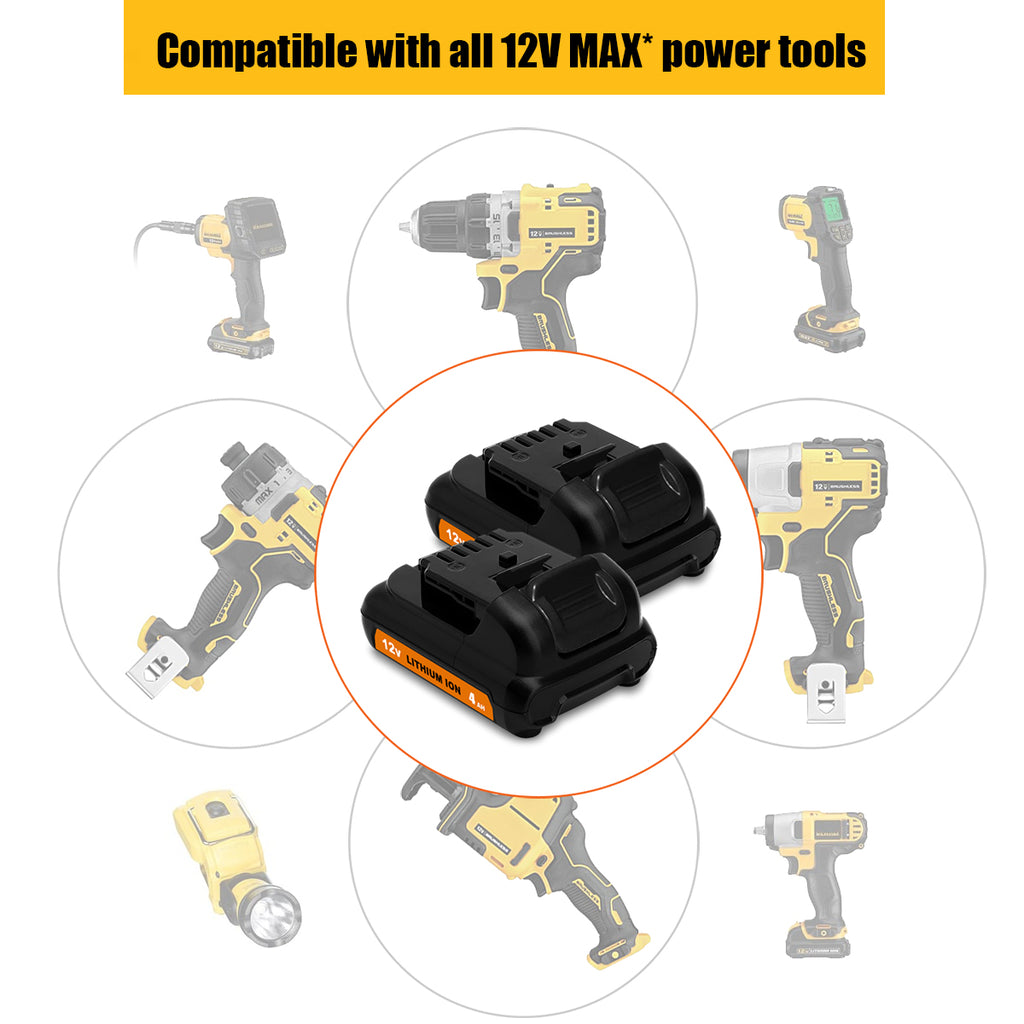 4.0Ah DCB124 12V Battery and Charger Kit Replacement for Dewalt 12V Lithium Compact Battery and Charger Combo 3Ah 2.0Ah DCB122 1.5Ah DCB120