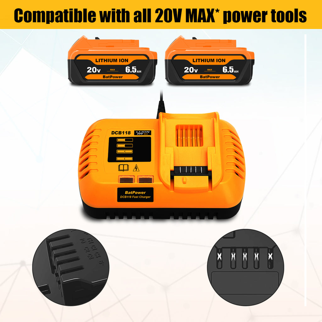 6.5Ah 20V Max Batteries with Charger Kit Replacement for Dewalt 20V Battery with Charger Combo DCB118 6Ah 5Ah 4Ah DCB206 DCB204 DCB205-2 Compatible with Dewalt 20v Battery and Charger