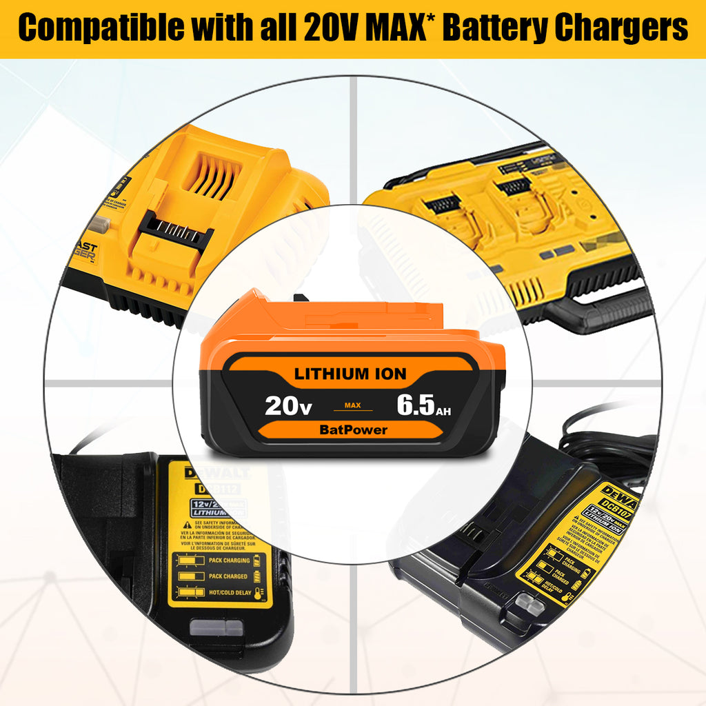 6.5Ah 20V Max Battery Premium 6.0Ah DCB206 Replacement for Dewalt 20V Battery 6.0Ah 5.0Ah 4.0Ah DCB206 DCB204 DCB205-2 Lithium Ion 20v Max XR Battery