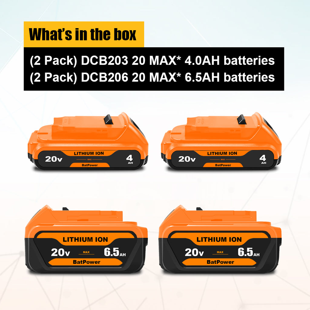 4 Pack 20V 4.0Ah & 6.5Ah DCB324 Battery Replacement for Dewalt 20V Max Batteries 6Ah 5Ah 4Ah 2Ah 3Ah DCB230 6Ah DCB206 DCB324 20V Max Battery DCB324