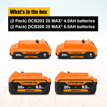 Load image into Gallery viewer, 4 Pack 20V 4.0Ah &amp; 6.5Ah DCB324 Battery Replacement for Dewalt 20V Max Batteries 6Ah 5Ah 4Ah 2Ah 3Ah DCB230 6Ah DCB206 DCB324 20V Max Battery DCB324