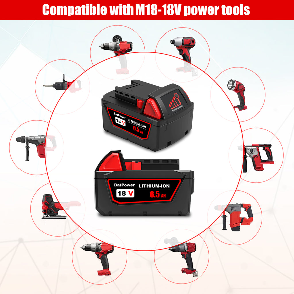 48-11-1850 6.5AH 18V Lithium XC Extended Capacity Battery Replacement for Milwaukee 18V M18 Battery 5.0Ah 4.0Ah 3.0Ah