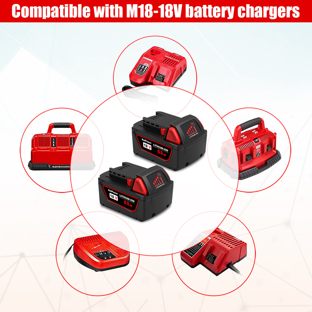 48-11-1850 6.5AH 18V Lithium XC Extended Capacity Battery Replacement for Milwaukee 18V M18 Battery 5.0Ah 4.0Ah 3.0Ah