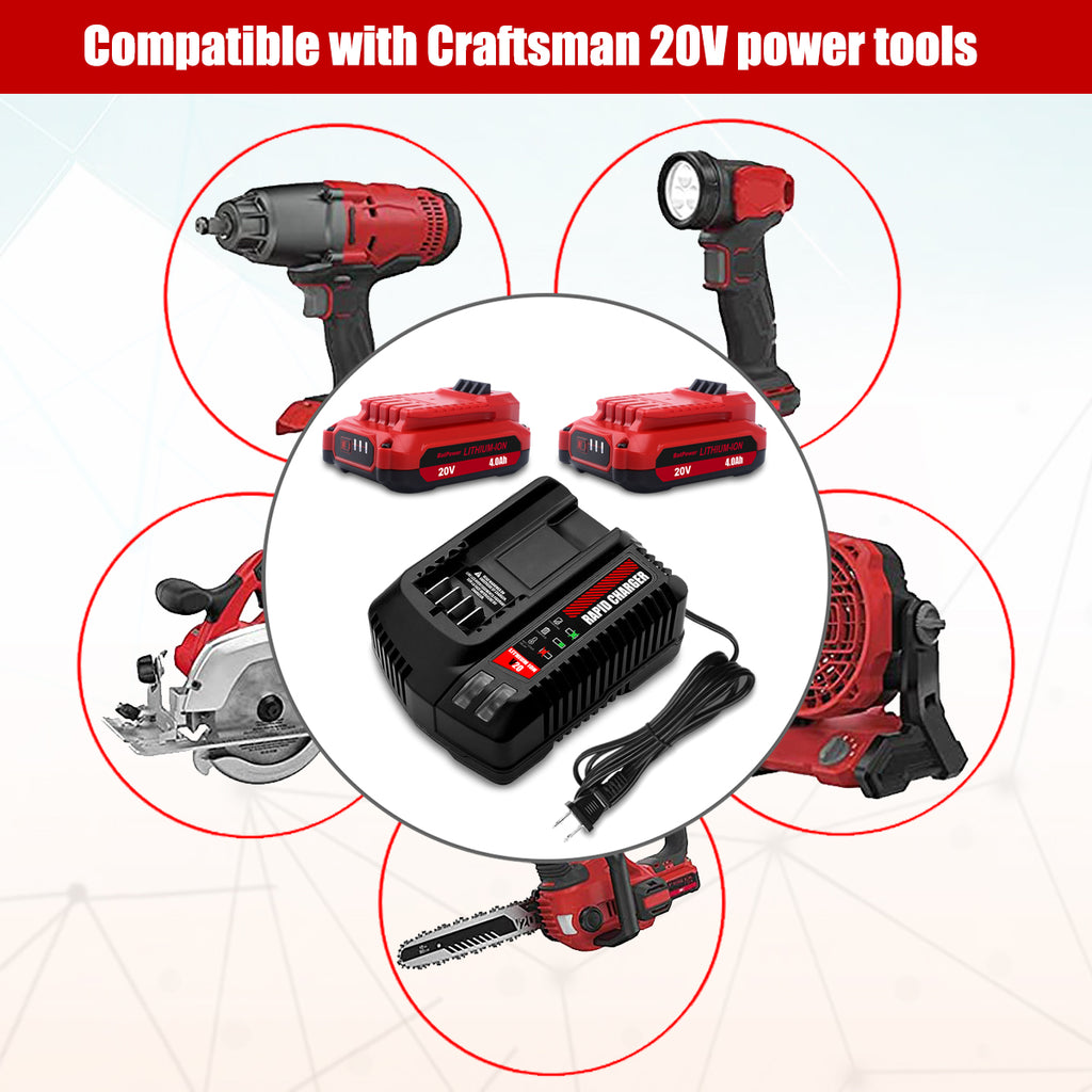 4.0Ah CMCB202 20V V20 Compact Batteries with Charger Combo Replacement for CRAFTSMAN 20V V20 Battery and Charger Kit CMCB104 20V 1.5Ah CMCB201-2 2.0Ah