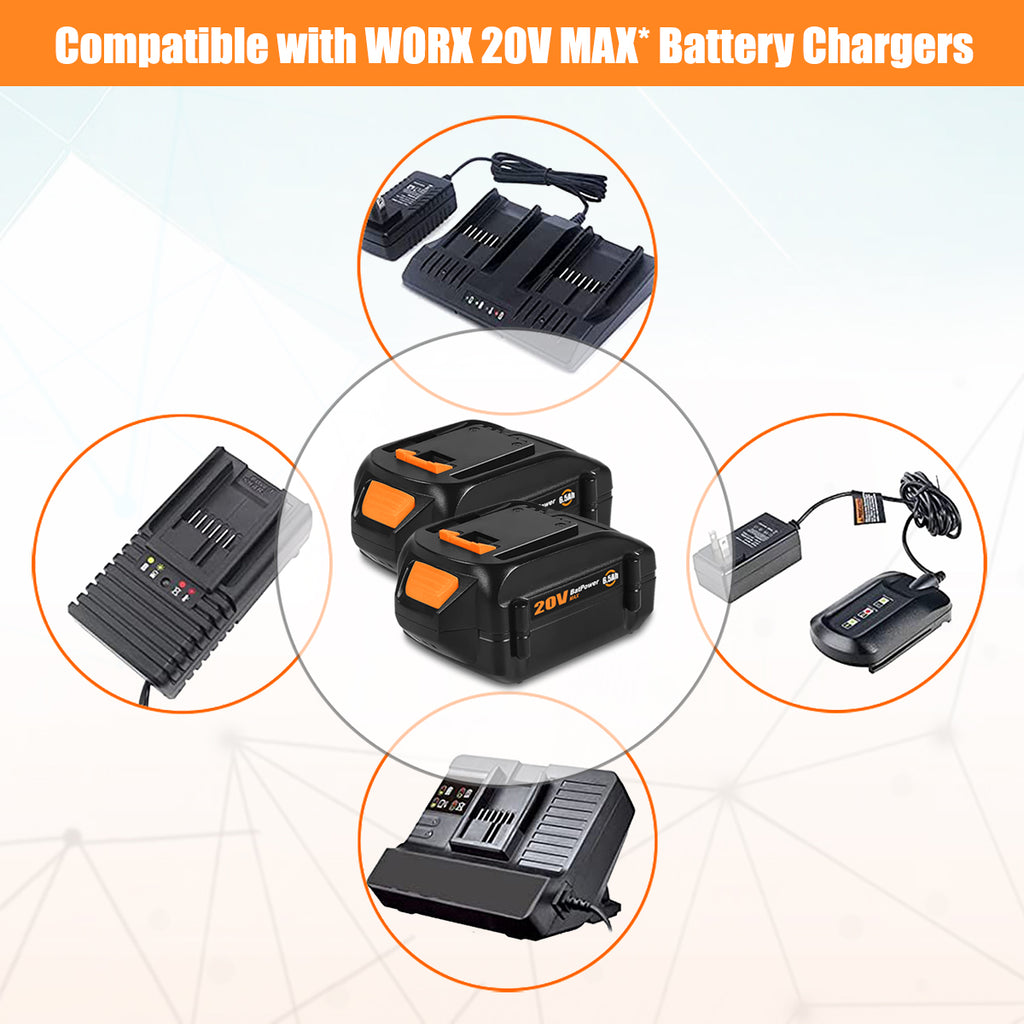 WA3578 20V 6.5Ah Extended Capacity Lithium ion Battery for WORX 20V Ba BatPower