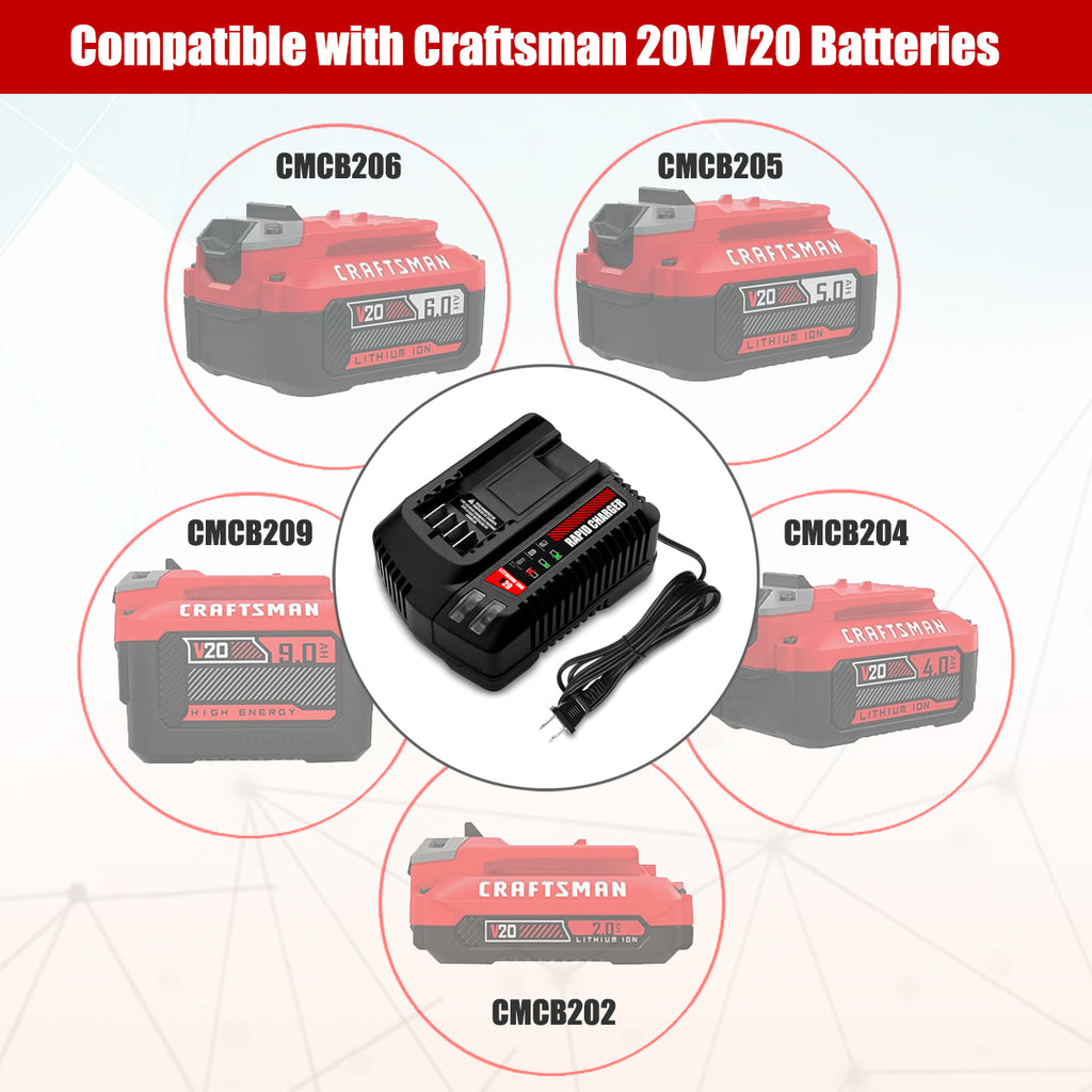 20V V20 Battery Charger CMCB104 for Craftsman V20 20V 6Ah CMCB206 4Ah CMCB204 5Ah CMCB205 9Ah CMCB209 2Ah CMCB202 CMCB201 V20 Lithium Battery Charger