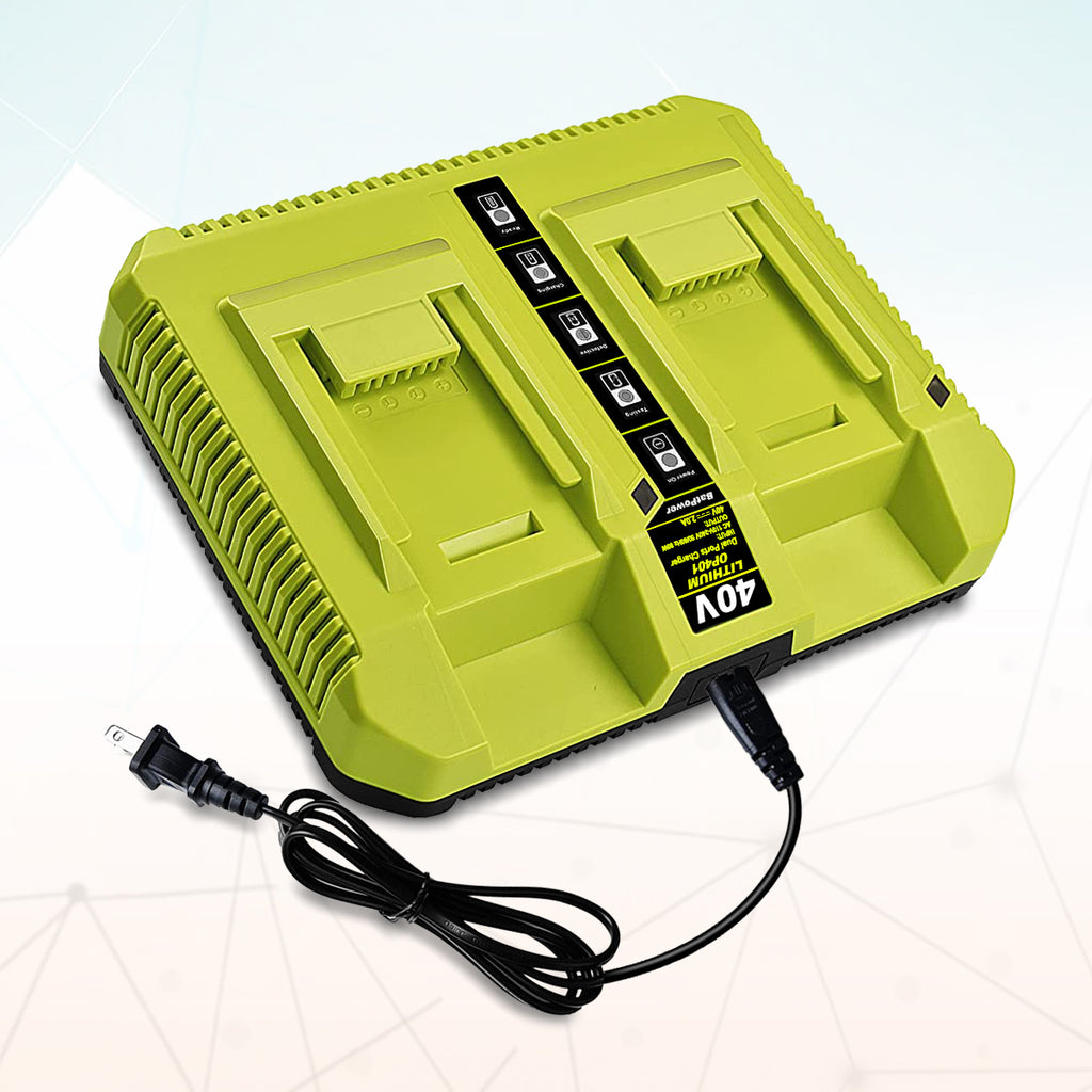 OP401 40V Dual Battery Rapid Charger for Ryobi 40V Rapid Charger OP401 Compatible with Ryobi 40V 6Ah 5Ah 4Ah 3Ah 2.5Ah 2Ah Lithium Dual Battery Fast Charger BatPower