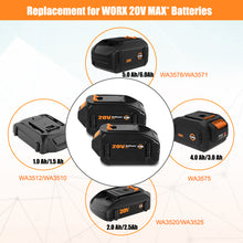 Load image into Gallery viewer, 20V 6.5Ah WA3578 Extended Capacity Battery with Charger Kit Replacement for WORX 20V Battery and Charger Combo 20V 5.0Ah 4.0 Ah 3.0 Ah 2.0Ah Battery