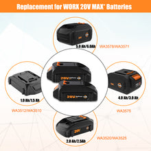 Load image into Gallery viewer, 20V 4.0Ah WA3575 Compact Batteries with Charger Combo Replacement for WORX 20V Battery and Charger Kit WA3742 WA3520 WA3525 WA3575 Battery and Charger