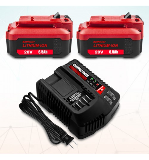 BatPower 2 PACK 20V V20 6.5Ah CMCB204 Battery with Charger Combo Replacement for CRAFTSMAN 20V V20 Battery and Charger CBCB104 20V 6.0Ah CMCB206 20V V20 4.0Ah CMCB204 Lithium Ion Battery and Charger Kit