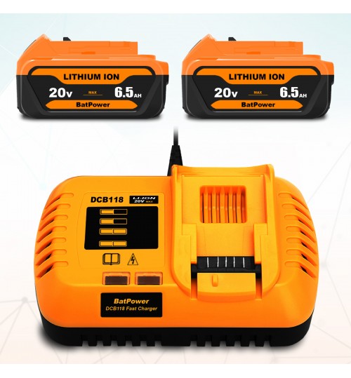 BatPower 2 Pack 6.5Ah 20V Max Batteries with Charger Combo Replacement for Dewalt 20V Battery with Charger DCB118 6Ah 5Ah 4Ah DCB206-2 DCB204-2 DCB205-2 Compatible with Dewalt 20v Max XR Battery and Charger Kit