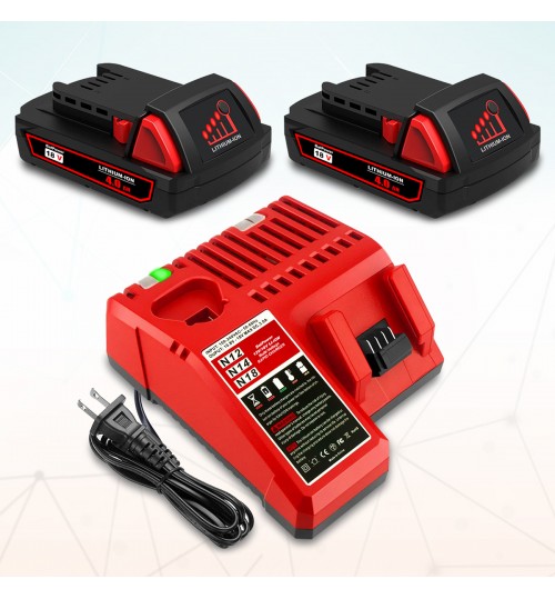 BatPower 2 Pack 18V 4.0AH 48-11-1820 Compact Battery with Charger Combo Replacement for Milwaukee 18V M18 Battery and Charger Kit 48-59-1812 XC 2.0 AH 1.5 Ah 3.0 Ah 18V Lithium Battery and Charger