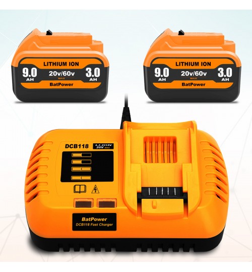BatPower 2 Pack 9.0Ah 20v/60v Max Batteries with Charger Combo Replacement for Dewalt 60v Lithium Battery with Charger 9Ah DCB118 DCB606-2 6Ah DCB609-2 9Ah Compatible with Dewalt 20v 60v Battery and Charger Kit